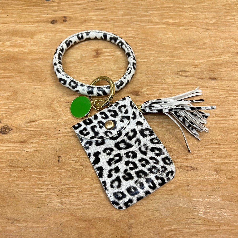 Black White Cheetah Print Bangle Wristlet Keychain Mini Pouch Charm